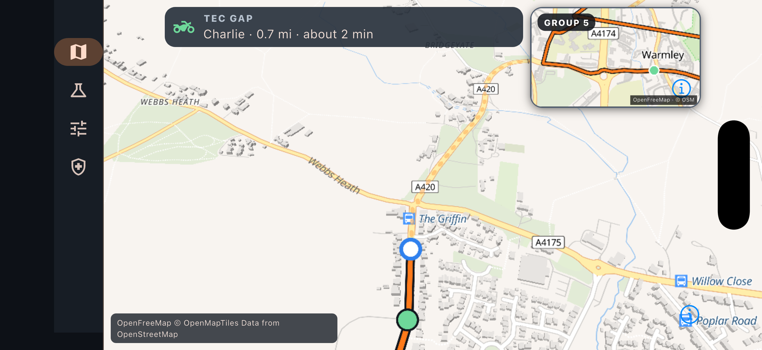 A Tail End Charlie route map showing the TEC gap and group mini-map.