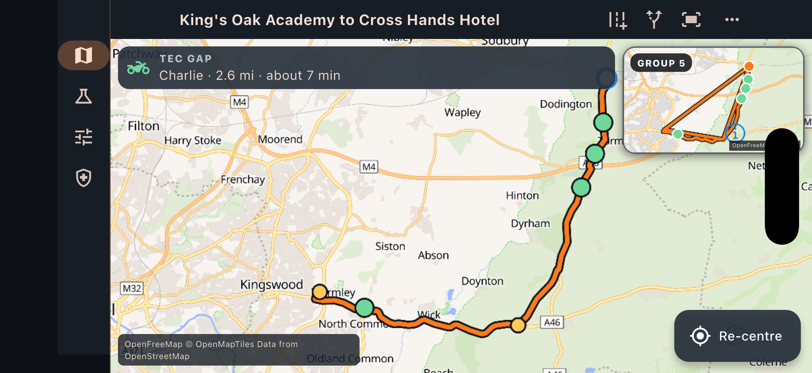 A group overview map with riders spread across a road-following route.